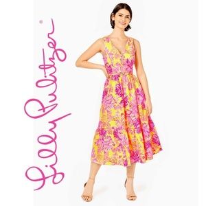 Lilly Pulitzer💖Bri V-Neck Cotton Midi Dress {Calla Yellow/Floral Coral}